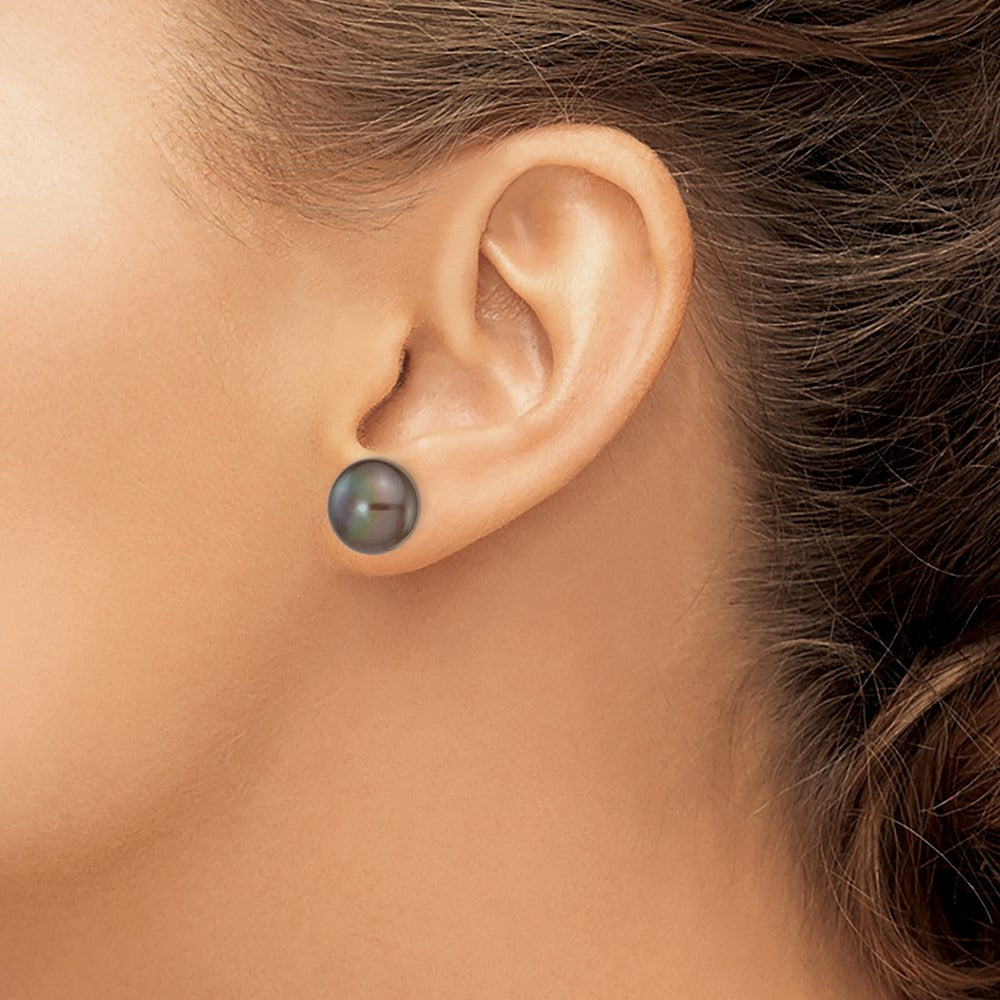 Black Button Freshwater Cultured Pearl Stud Post Earrings — 14K White Gold