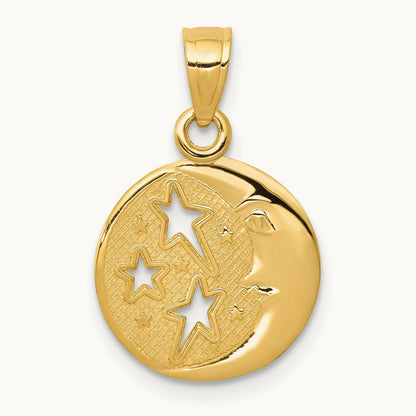 Polished Flat-Backed Moon with Three Stars Pendant, 14K
