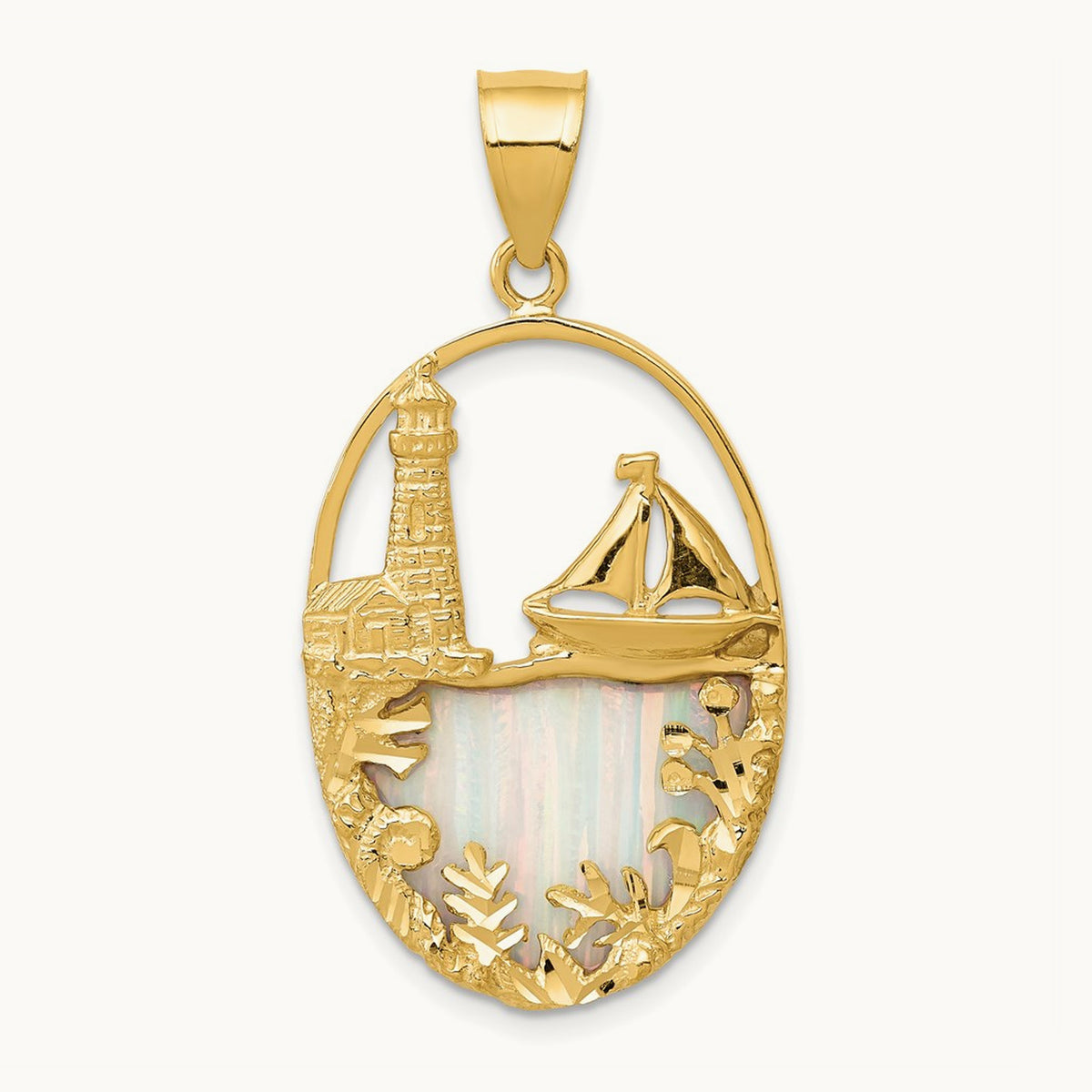 Lab Created Opal Lighthouse Sailboat Pendant, 14K