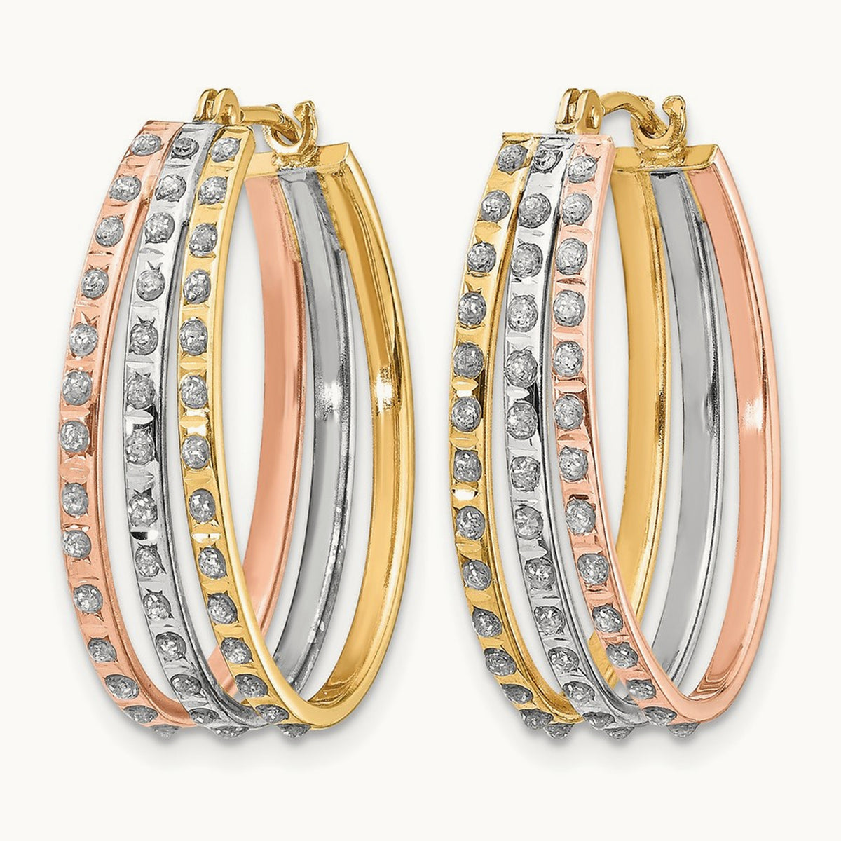Tri-color Diamond Fascination Dia. Dust/Accent Oval 3 Hoop Earrings, 14K
