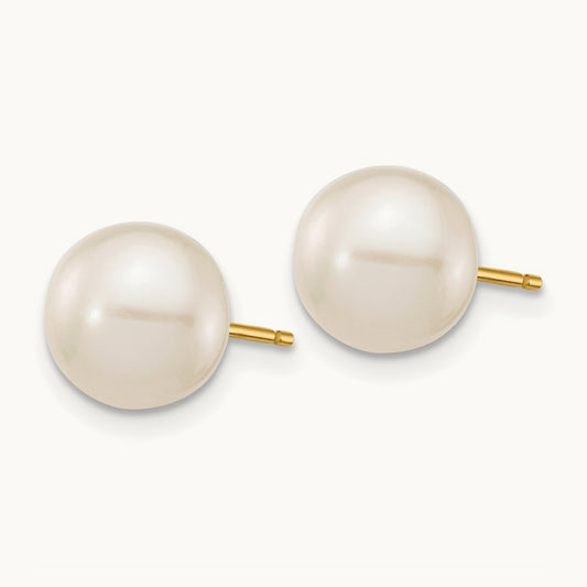 8- White Round Freshwater Cultured Pearl Stud Post Earrings, 9mm, 14K