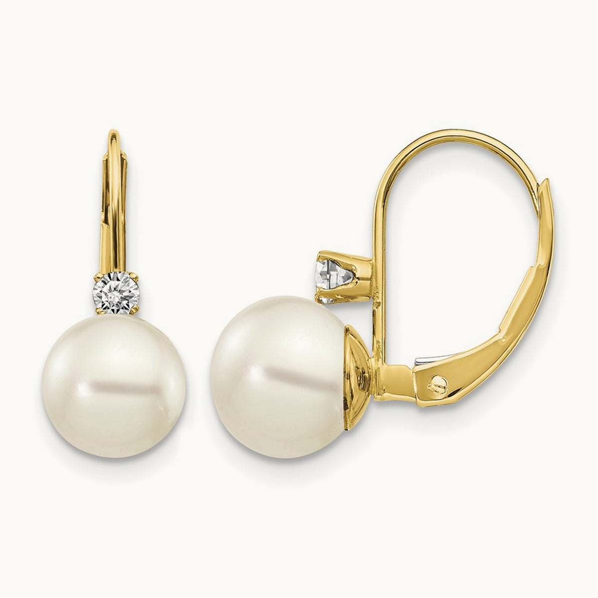 7- White Round FW Cultured Pearl AA Diamond Leverback Earrings, 8mm, 14K