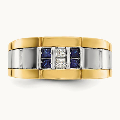 14ktt IBGoodman Men's Polished & Grooved Cr. Sapphire & Diamond Ring