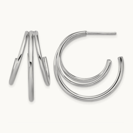 RH-plated Polished 3-row J-hoop Post Earrings, Sterling Silver — Leslie's