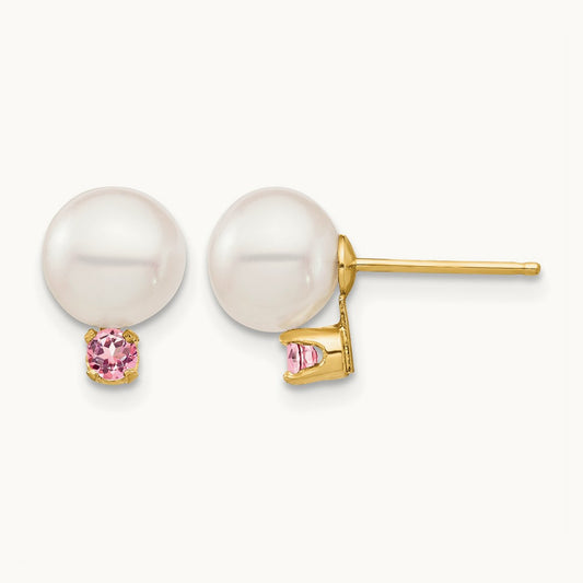 7- White Round Freshwater Cultured Pearl Pink Topaz Post Earrings, 7.5mm, 14K