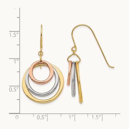 Tri-color Circle Dangle Shepherd Hook Earrings, 14K