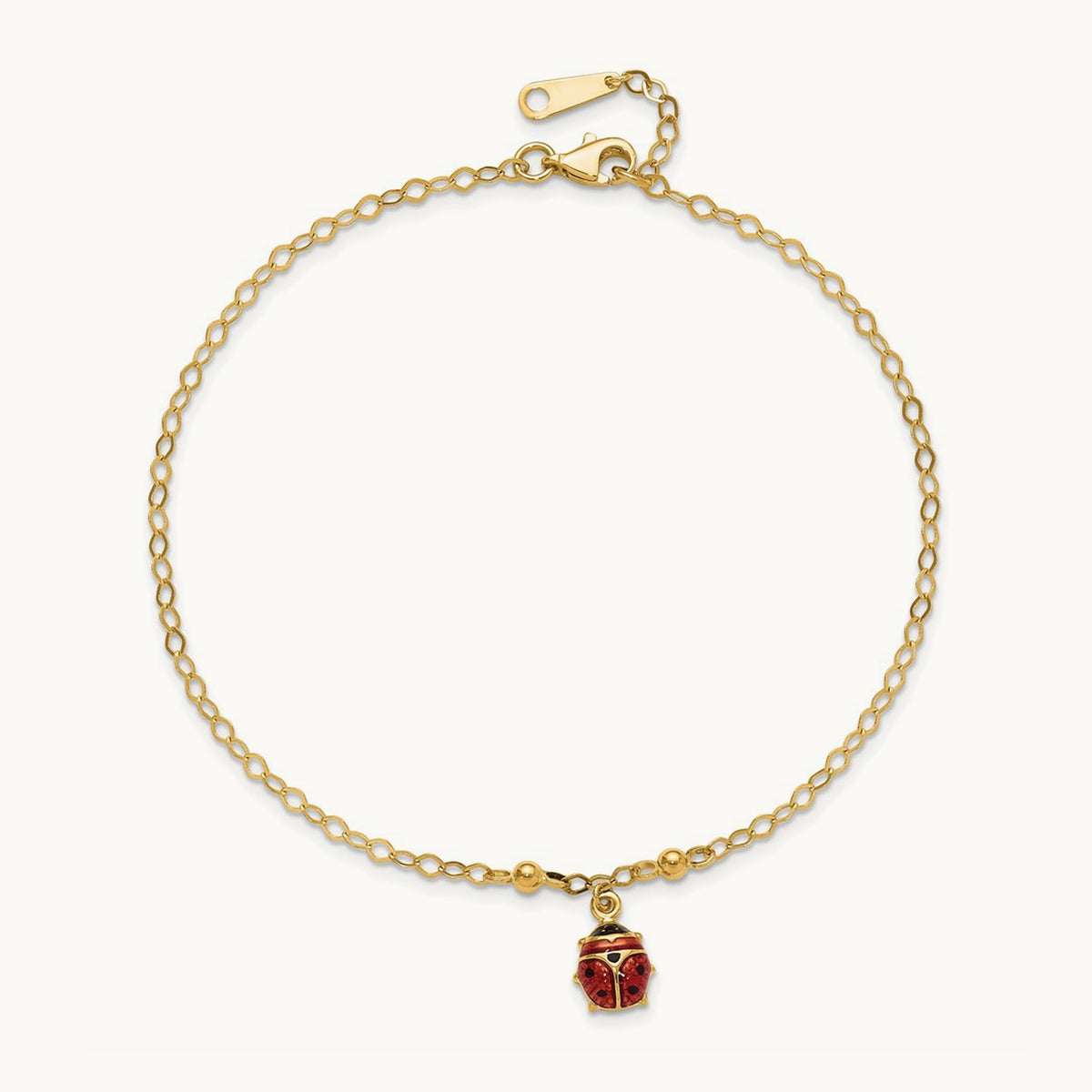 Adjustable Enameled Ladybug 9in Plus 1in ext. Anklet, 14K
