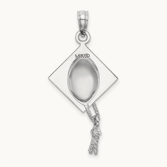 3-D Graduation Cap with Moveable Tassle Charm — 14K White Gold