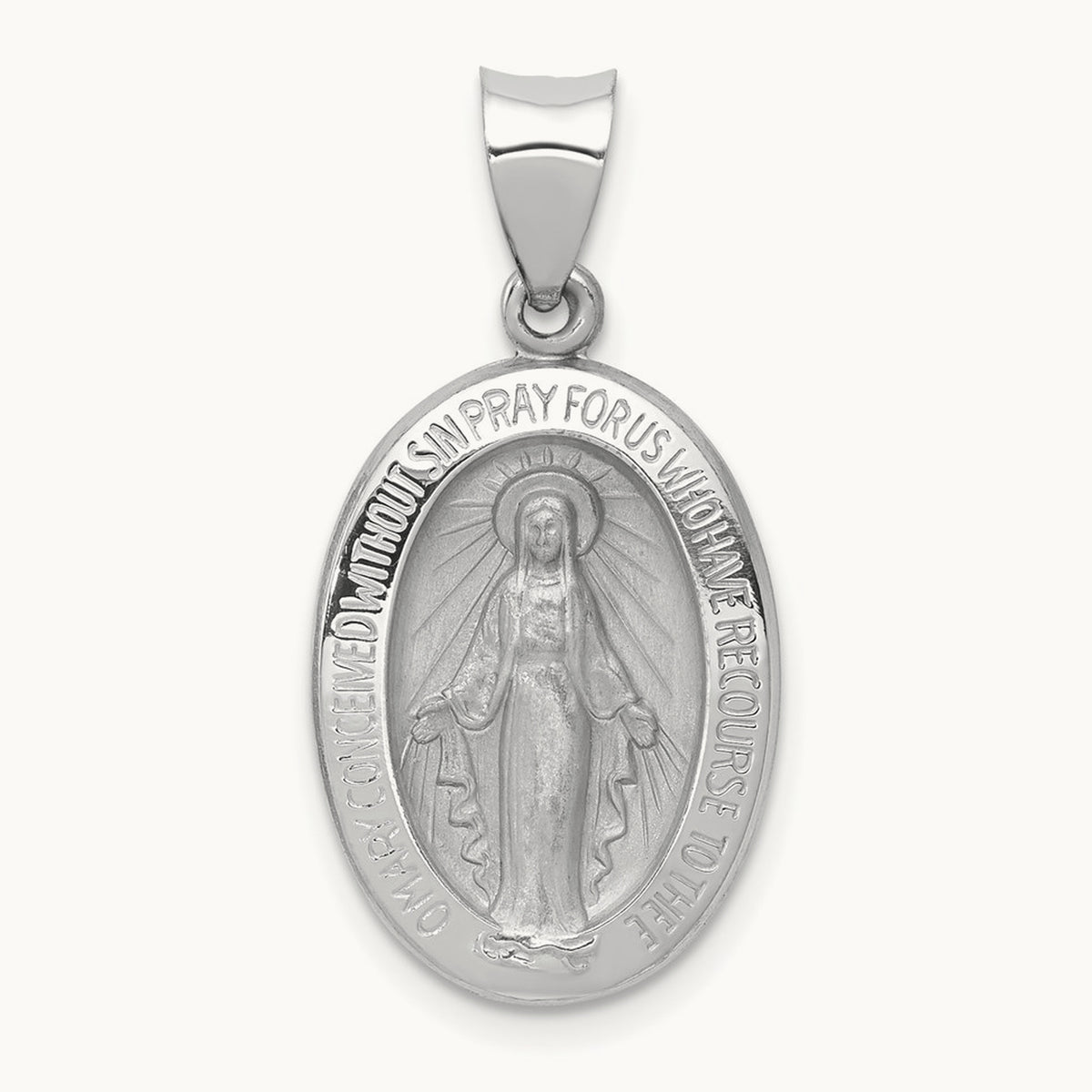 Polished / Satin Miraculous Medal Hollow Pendant, 14K White Gold