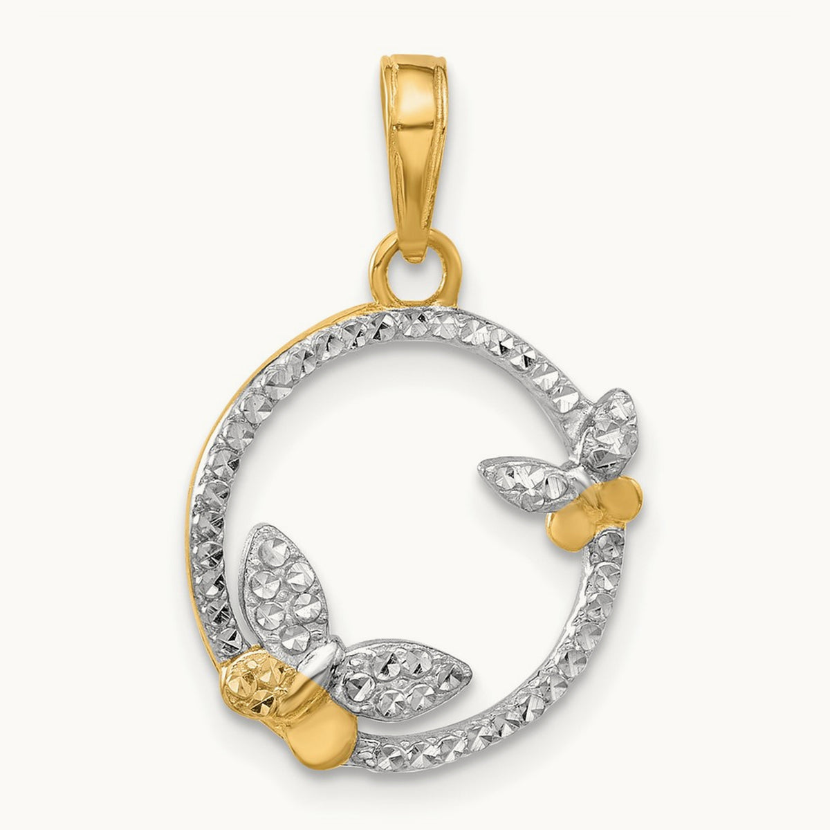 D/C Butterflies on Circle Pendant, 14K with White Rhodium