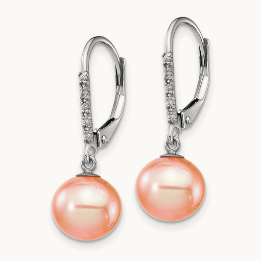 8- Pink FWC Pearl .05ct Diamond Leverback Earrings, 9mm, 14K White Gold