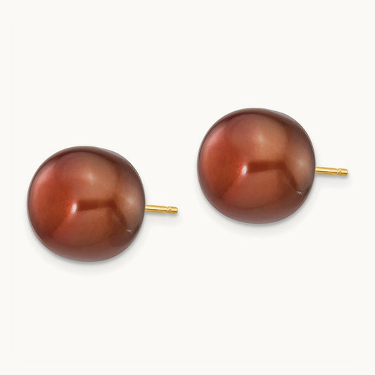 11- Brown Button Freshwater Cultured Pearl Stud Post Earrings, 12mm, 14K