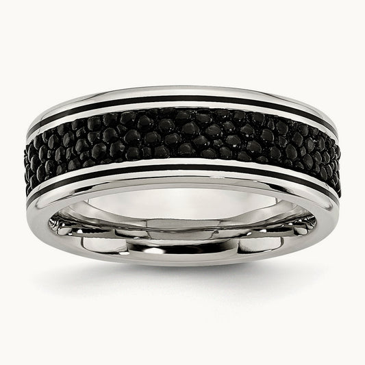 Polished Grooved/Genuine Stingray Textured Band, 8mm, Stainless Steel