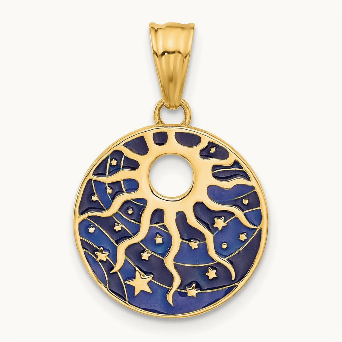 Polished Enameled Sun and Stars Pendant, 14K