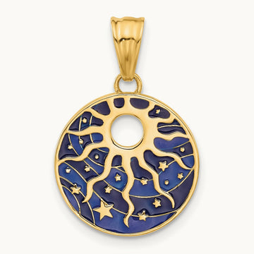 Polished Enameled Sun and Stars Pendant, 14K