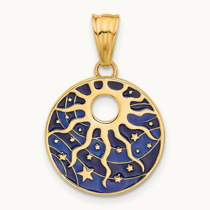 Polished Enameled Sun and Stars Pendant, 14K