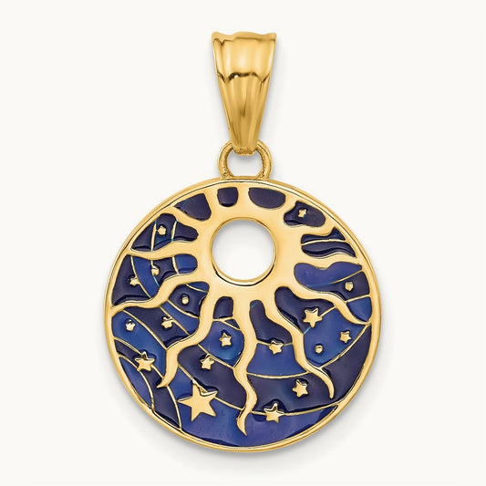 Polished Enameled Sun and Stars Pendant, 14K