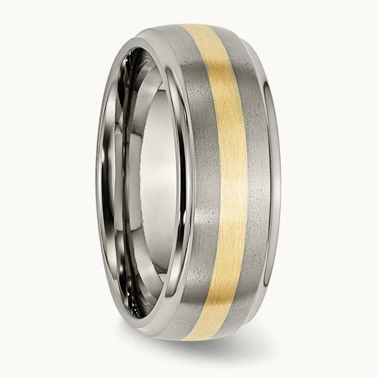 Brushed Center w/14k Yellow Inlay Ridged Edge Band, 8mm, Titanium