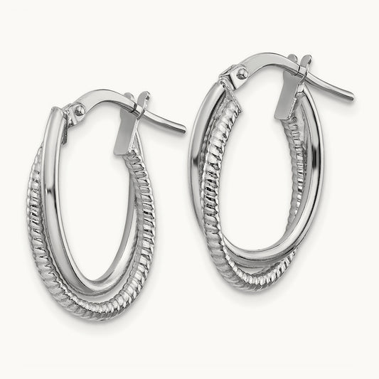 Polished and Textured Double Oval Hoops, 14K White Gold