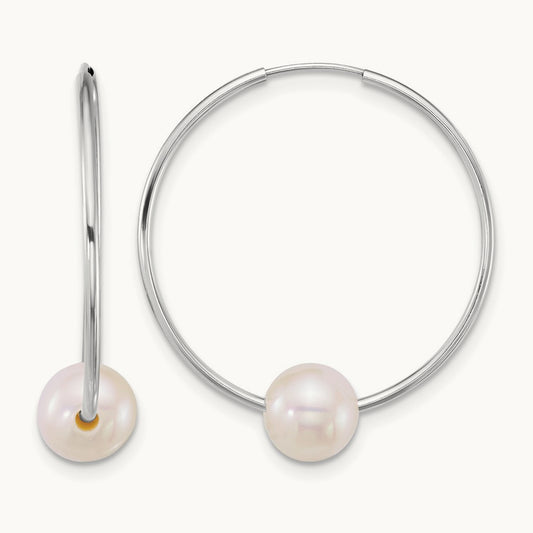 WG 6- Semi-Round Freshwater Cultured Pearl Hoop Earrings, 7mm, 14K