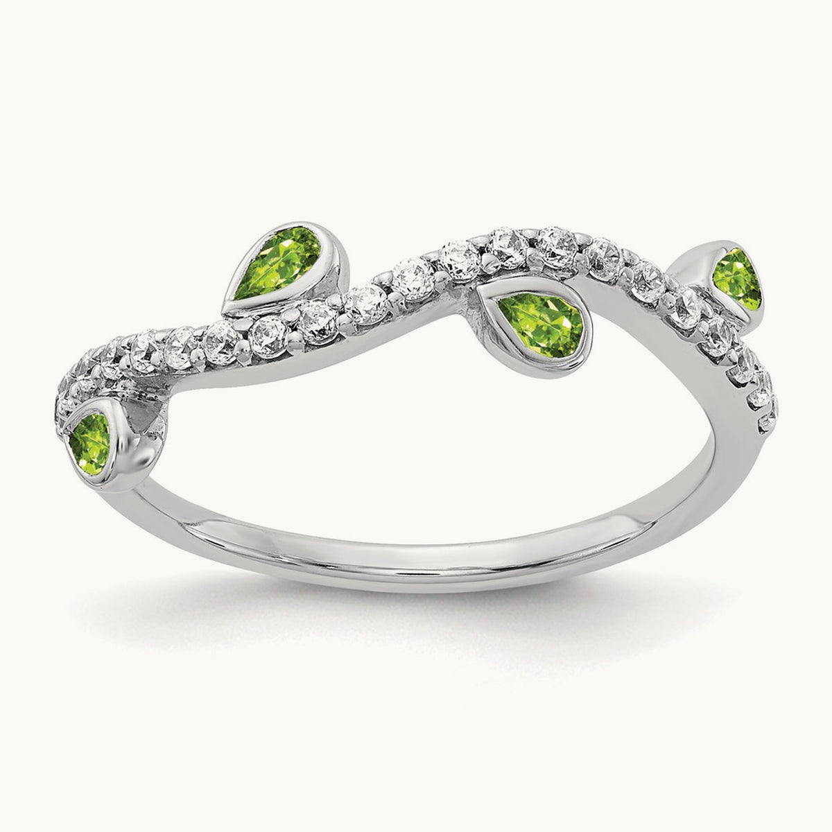 Diamond and Pear Peridot Curved Ring, 14K White Gold