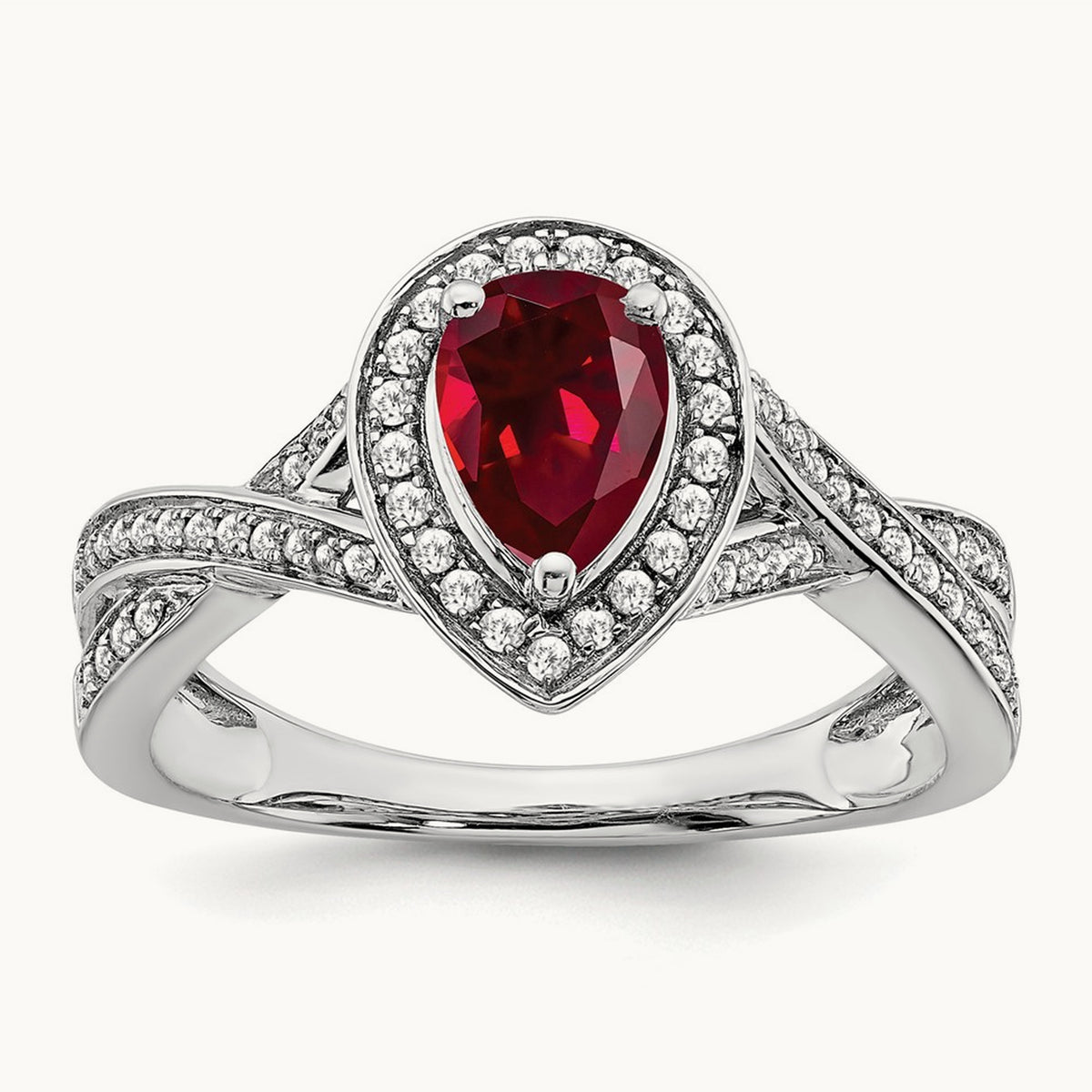 Pear Created Ruby and Diamond Halo Ring, 14K White Gold