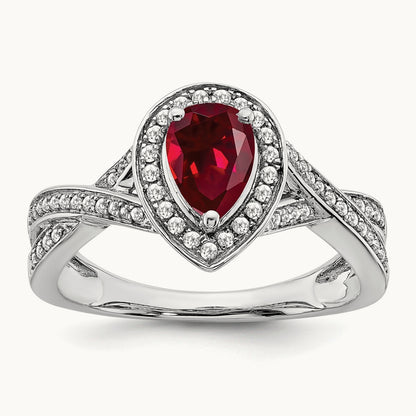 Pear Created Ruby and Diamond Halo Ring, 14K White Gold
