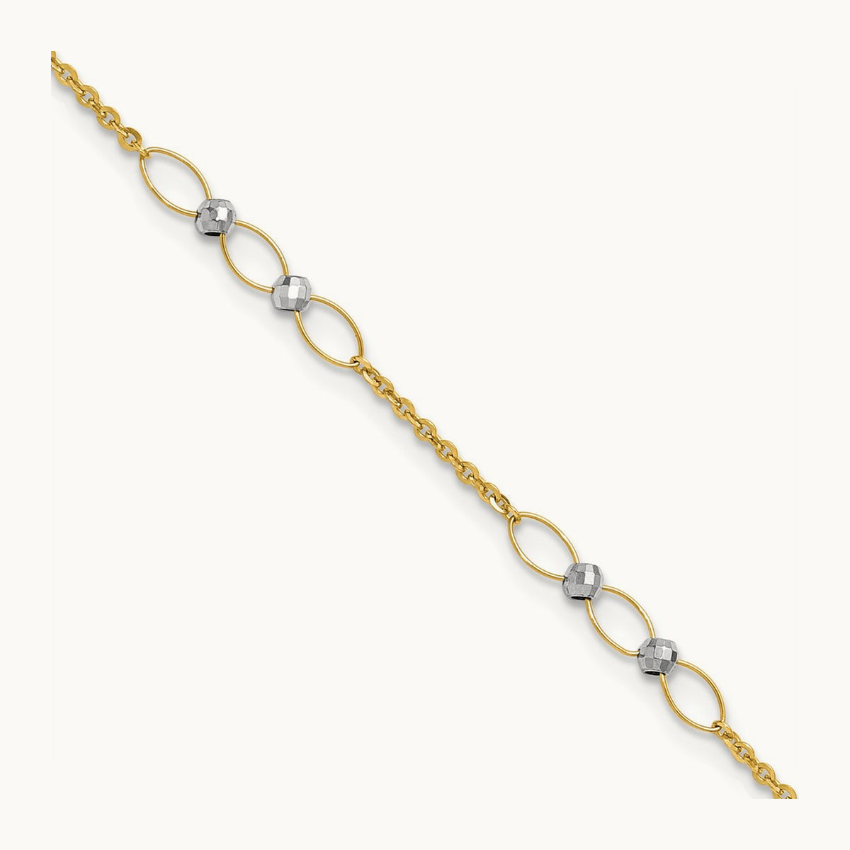 Polished Oval Link Beads 9in Plus 1in ext. Anklet, 14K Two-tone