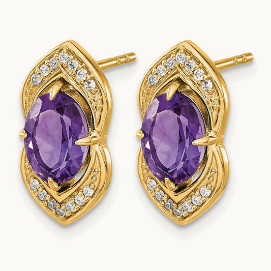 Amethyst and Diamond Post Earrings, 14K