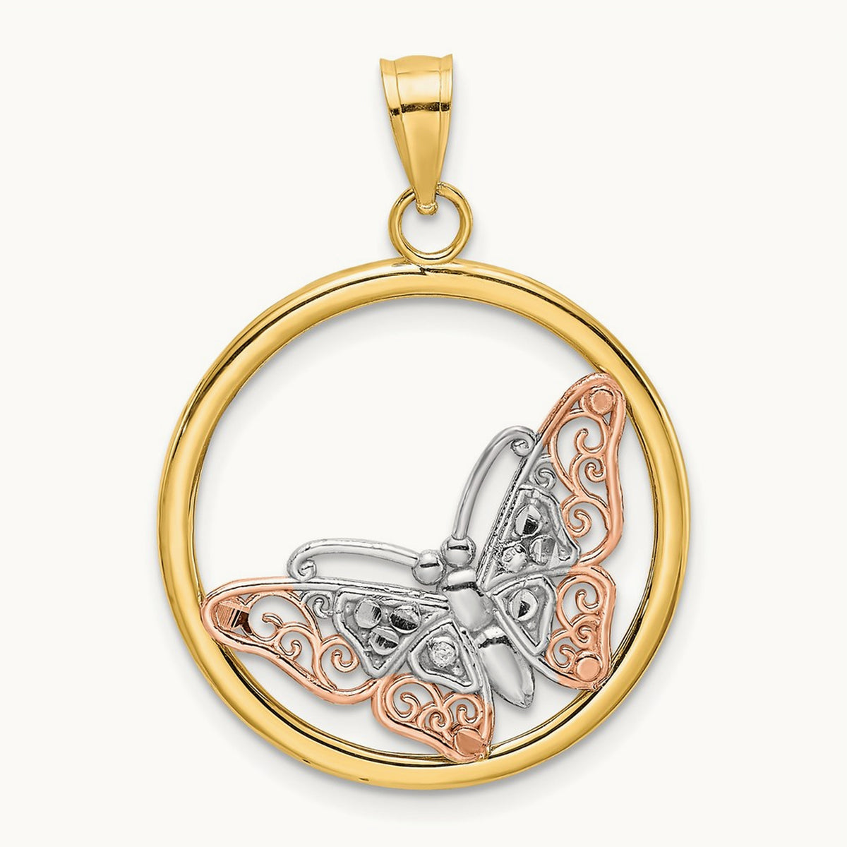 w/White Rhodium Butterfly In Round Frame Charm, 14K Two-tone