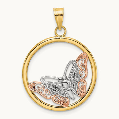 w/White Rhodium Butterfly In Round Frame Charm, 14K Two-tone