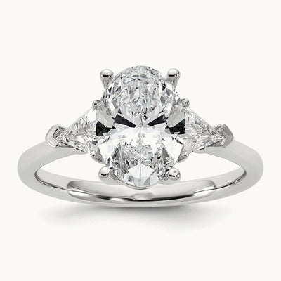 1/2ct Lab Grown Dia VS/SI+ G+ Trillion&2ct Oval Semi 3 Stone Eng Ring, 14K White Gold