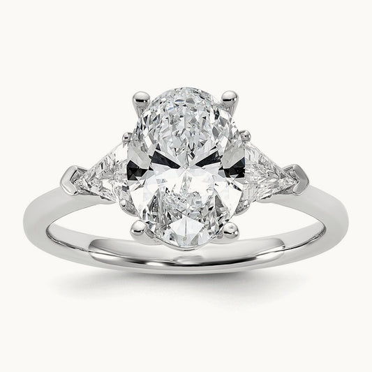 1/2ct Lab Grown Dia VS/SI+ G+ Trillion&2ct Oval Semi 3 Stone Eng Ring, 14K White Gold