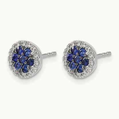 Diamond and Sapphire Circle Post Earrings, 14K White Gold