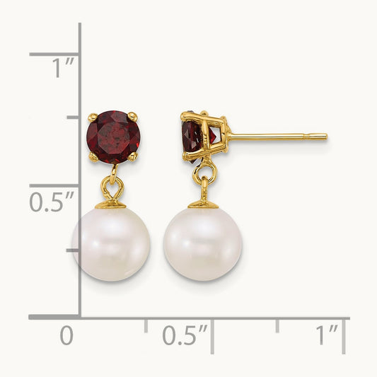 7- Round White FWC Pearl and Garnet Post Dangle Earrings, 8mm, 14K