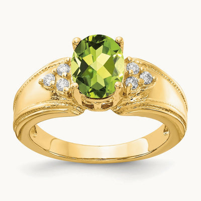 8x6mm Oval Peridot AA Diamond ring, 14K
