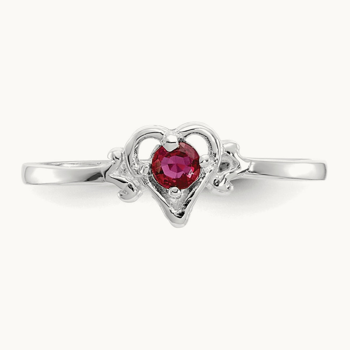 Ruby Birthstone Heart Ring — 14K White Gold, 7