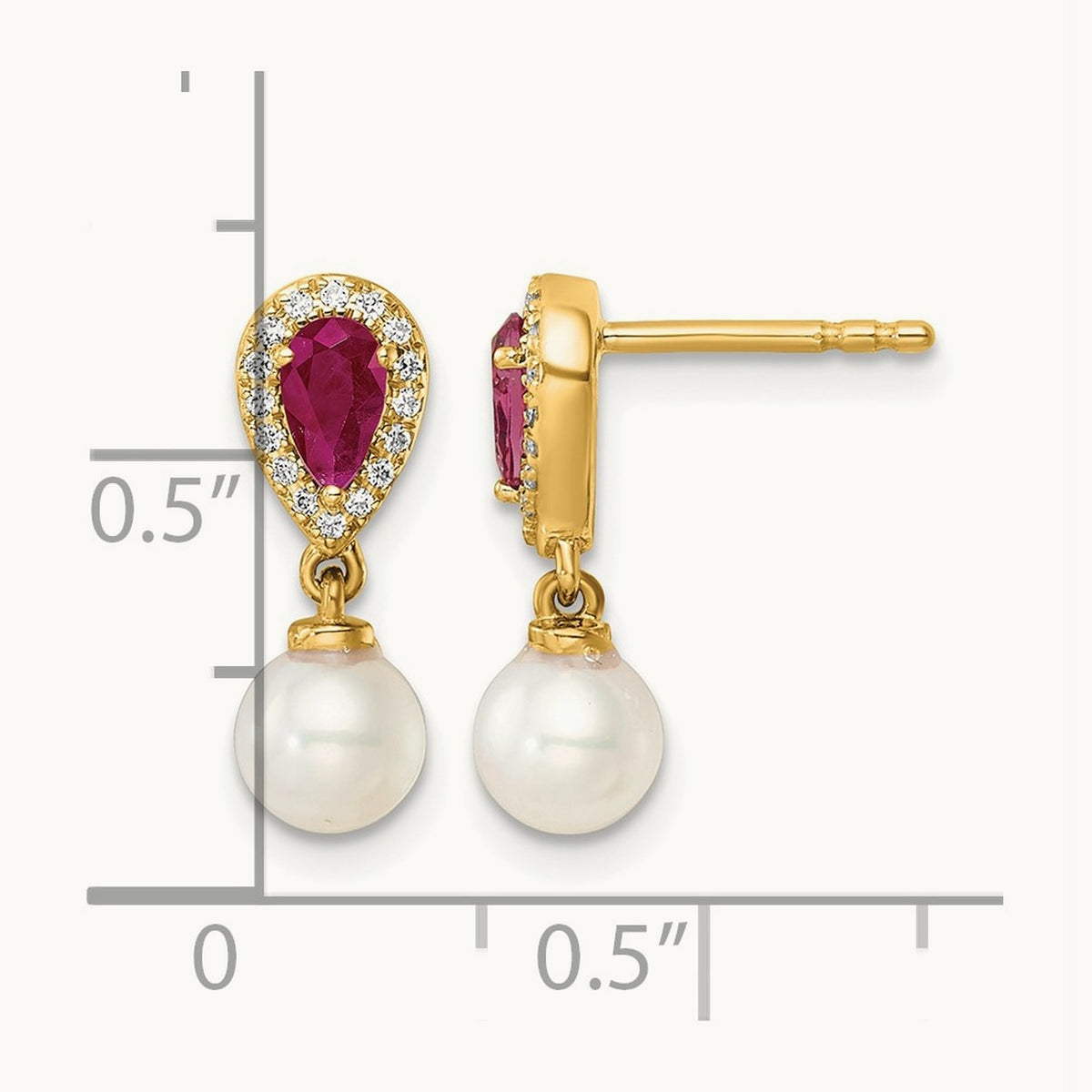 Polished Diamond Pearl and Ruby Dangle Post Earrings, 14K