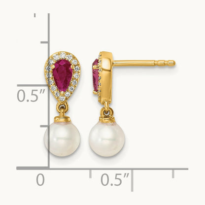 Polished Diamond Pearl and Ruby Dangle Post Earrings, 14K