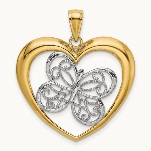 w/Rhodium Butterfly in Heart Charm, 14K