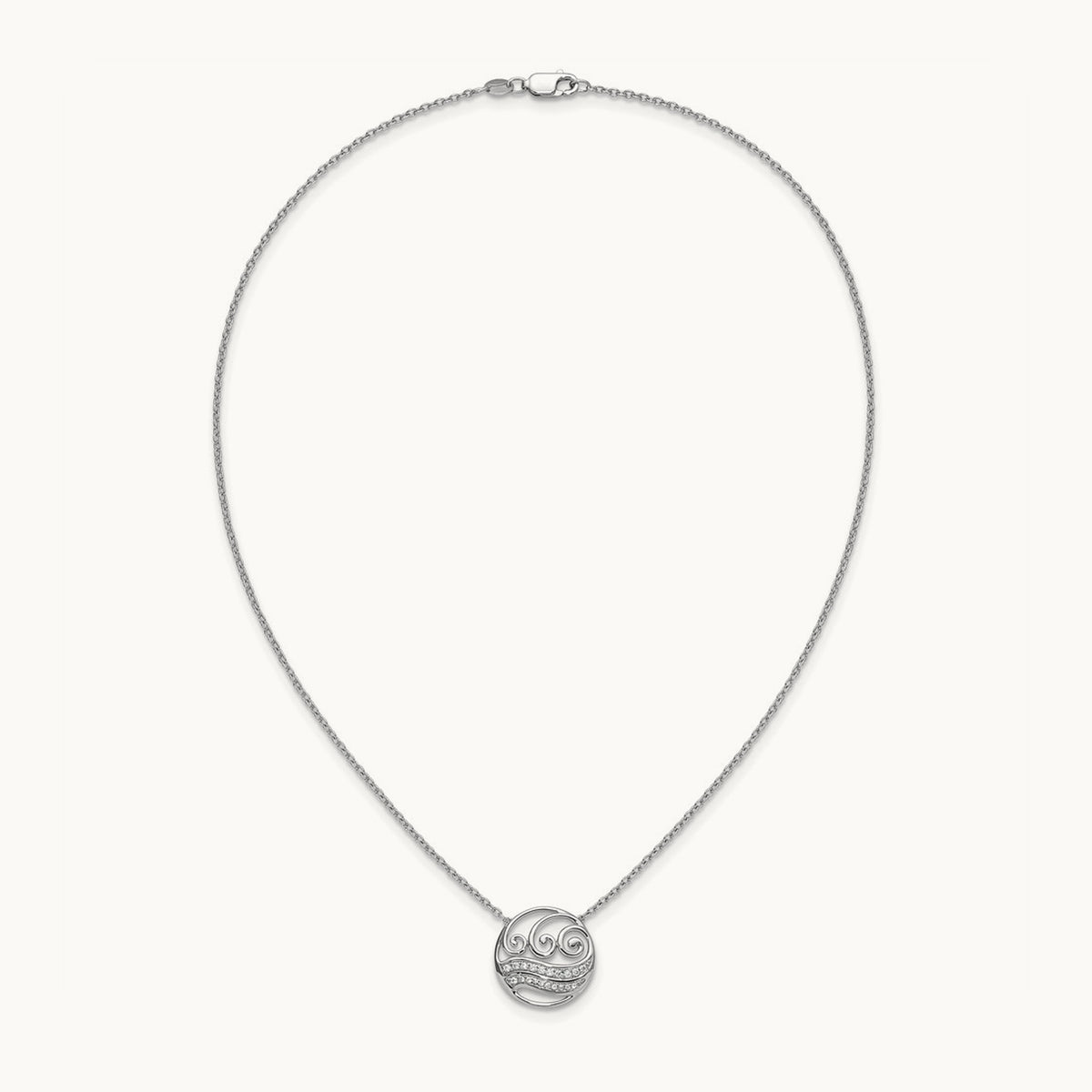 Polished Diamond Circle with Waves Necklace, 14K White Gold