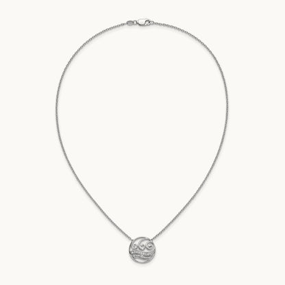 Polished Diamond Circle with Waves Necklace, 14K White Gold