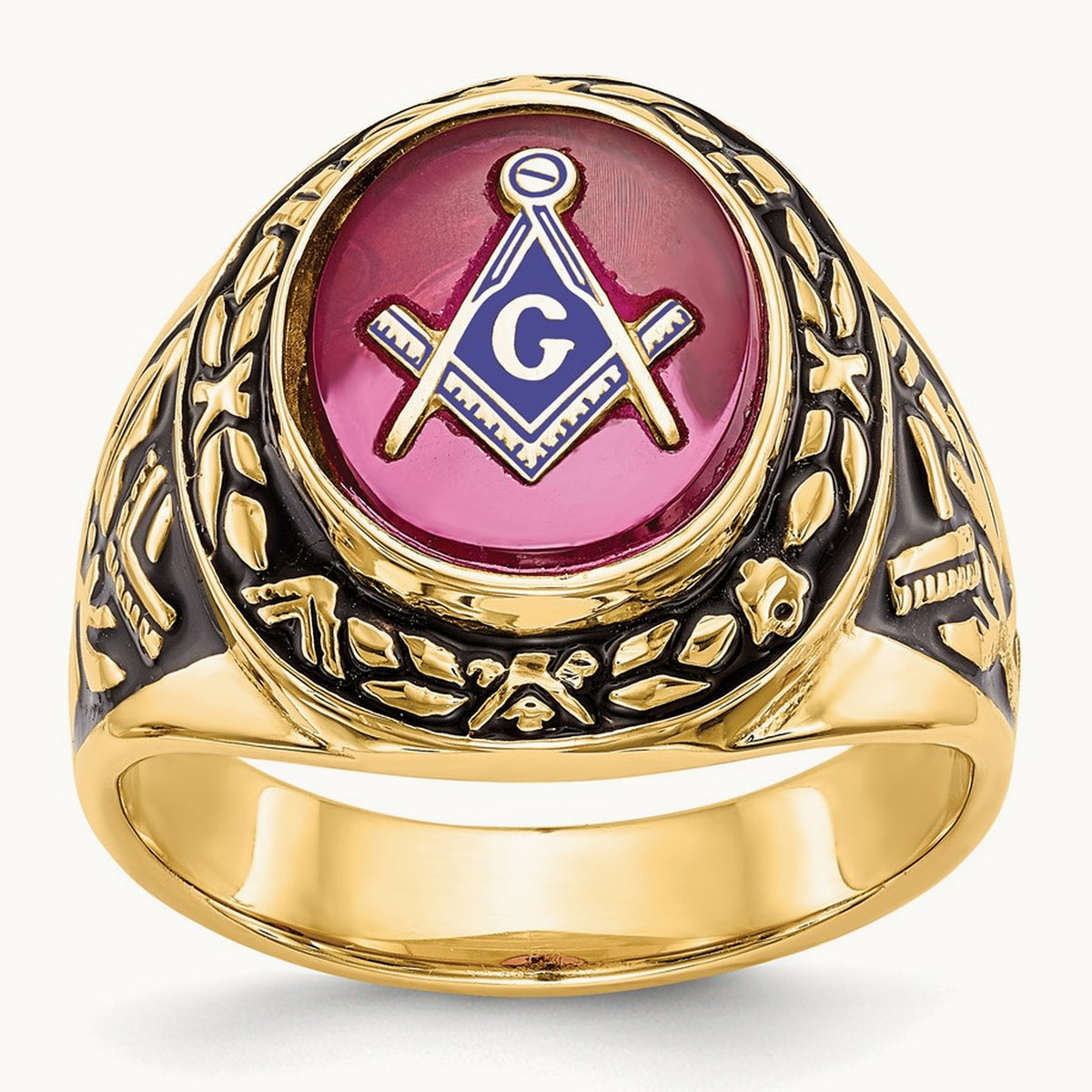 Men's Antiqued & Textured with Lab Created Ruby Masonic Ring — 14K Yellow Gold