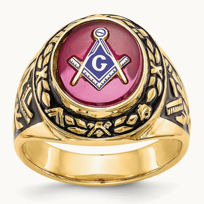 Men's Antiqued & Textured with Lab Created Ruby Masonic Ring — 14K Yellow Gold