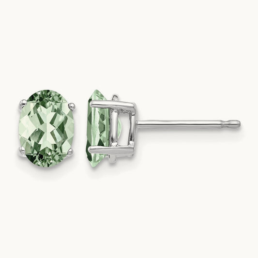 7x5 Oval Green Quartz Earrings, 14K White Gold