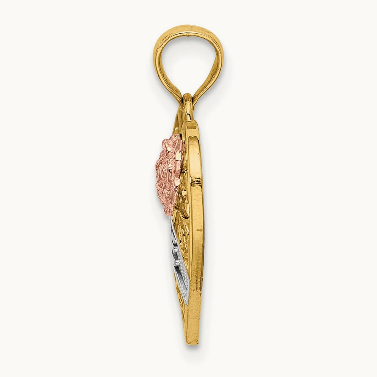 LOVE Banner on Filigree Heart Charm, 14K Two-tone with White Rhodium