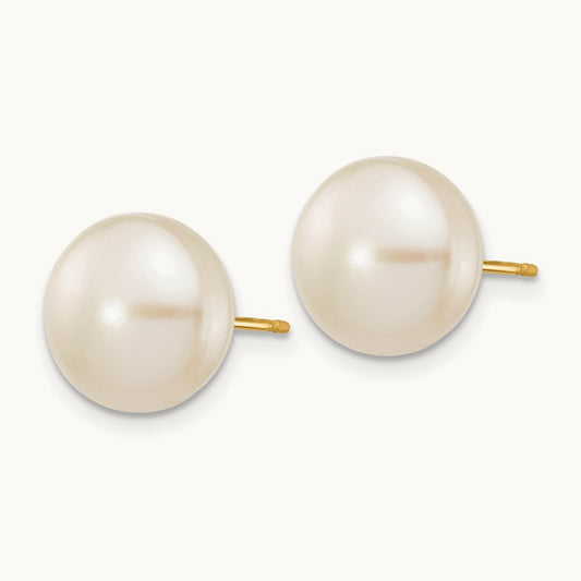 10- White Button Freshwater Cultured Pearl Stud Post Earrings, 11mm, 14K