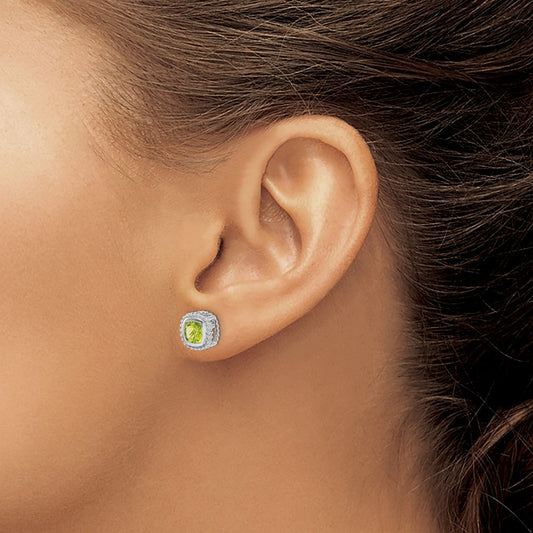 Cushion Peridot Earrings — 14K White Gold
