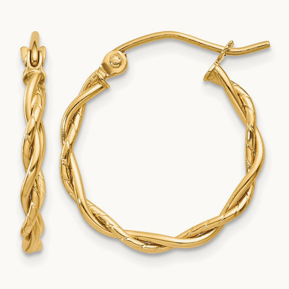 Twisted Dual Band Hoop Earrings — 14K Yellow Gold, 14mm, 2.25mm