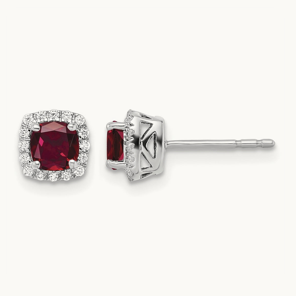 Created Ruby Square Halo Post Earrings, 0.10 ct tw Lab-Grown Diamond — 14K White Gold